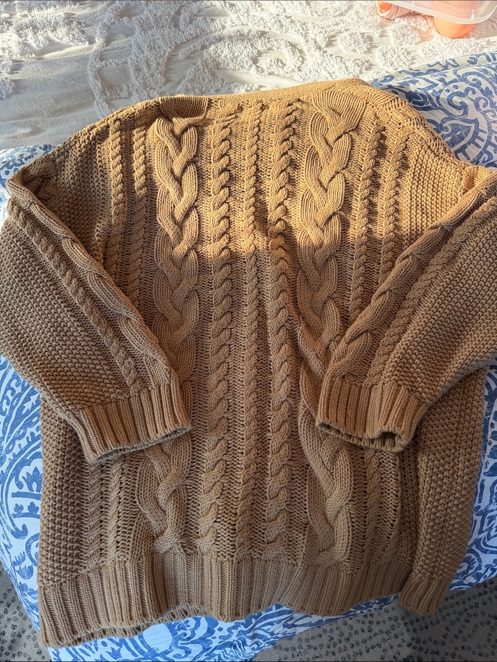 Quince Open-Weave Cable Knit Cardigan in Camel - Picture 3 of 3